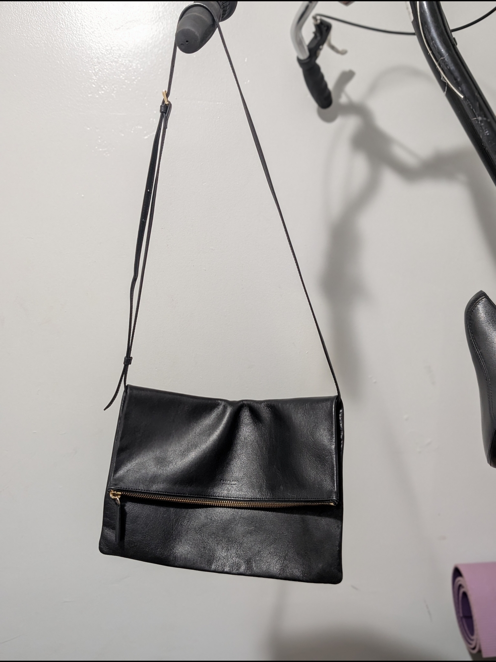 Everlane Black Leather Foldover Crossbody with Gold Zip